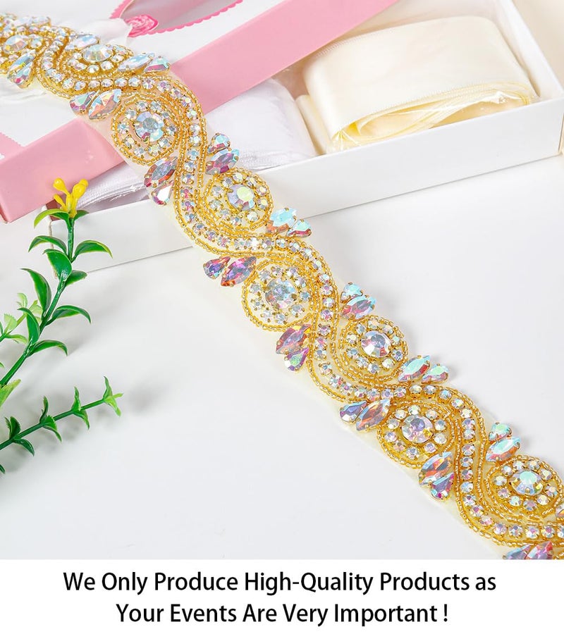 ShiDianYi Wedding Rhinestone Applique, Trim for Dress, Sash, Crystal Beaded Applique, Gold (1 Yard, RA245-AB Gold) - Image 4